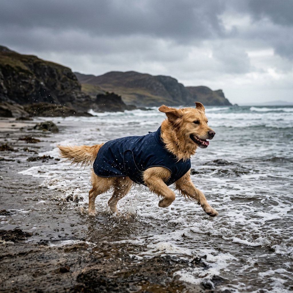 Waterproof dog coat UK, golden retriever in rain, comfortable & dry. 2024 guide.
