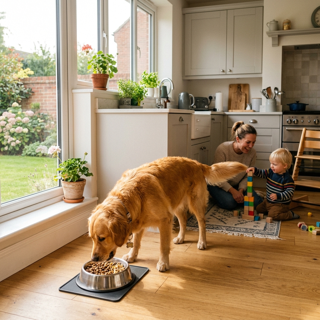 Dog food delivery UK comparison 2026 - happy dog eating from bowl.