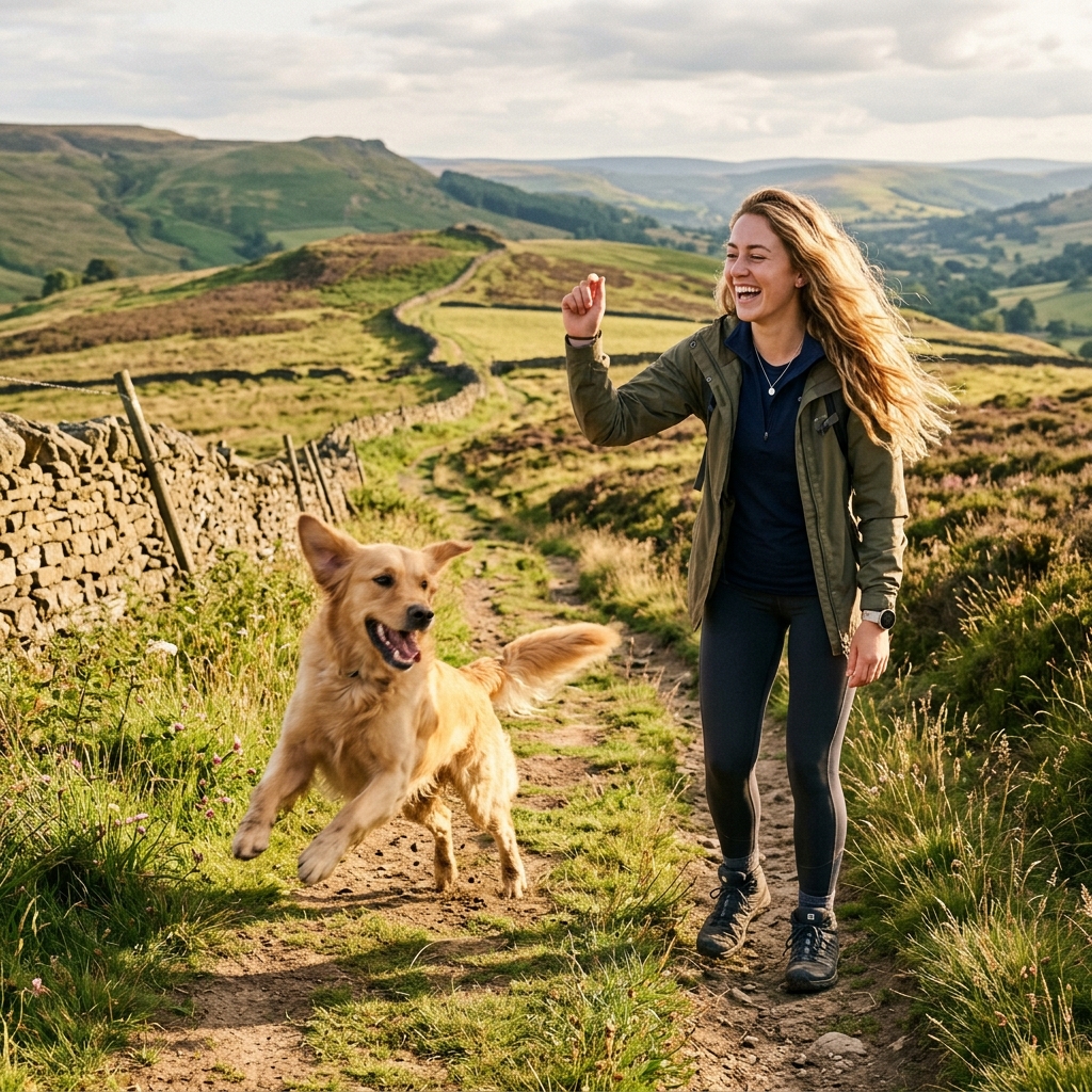 Dog recall training UK: Golden Retriever returning to owner in a field. 2024 guide.