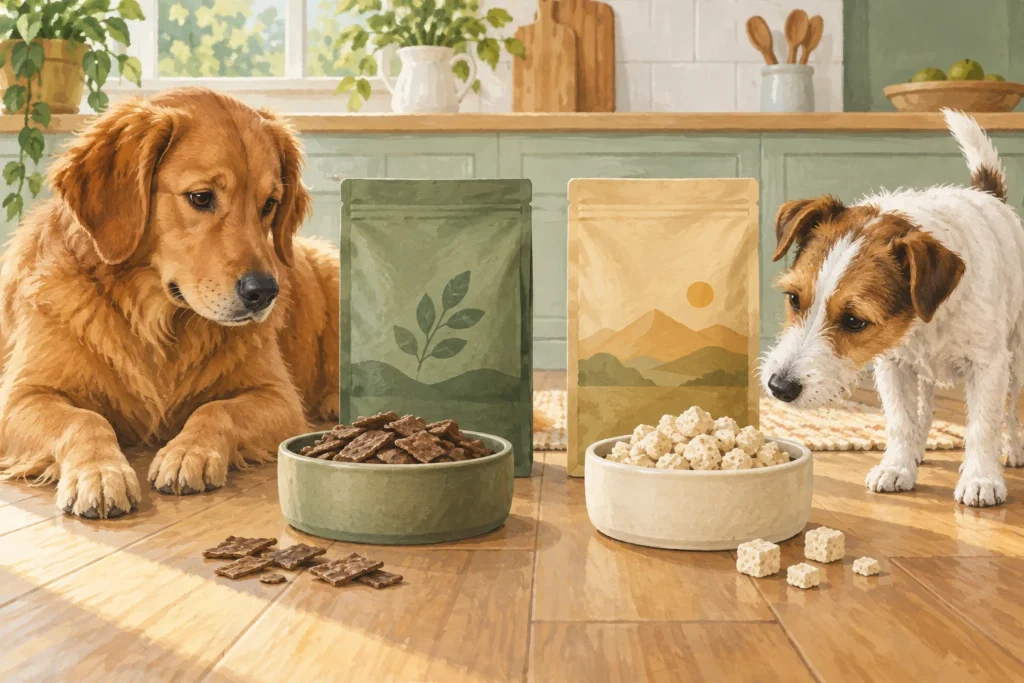 Illustration: Two plain dry-food packs beside bowls showing distinct generic food textures, one with flatter air-dried pieces and one with pale porous freeze-dried pieces.
