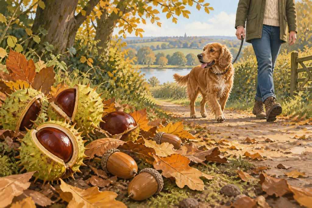 Illustration: An autumn path with a few clearly recognisable horse-chestnut conkers in split spiky husks and acorns in the foreground, while a dog on a loose lead passes safely at a distance with its owner.