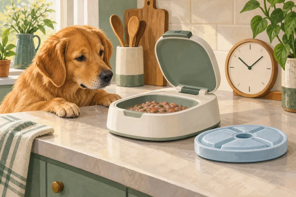 Illustration: A generic timed wet-food feeder with a broad removable covered tray, shown clean on a kitchen counter beside its separate cooling insert and a clock without numbers.