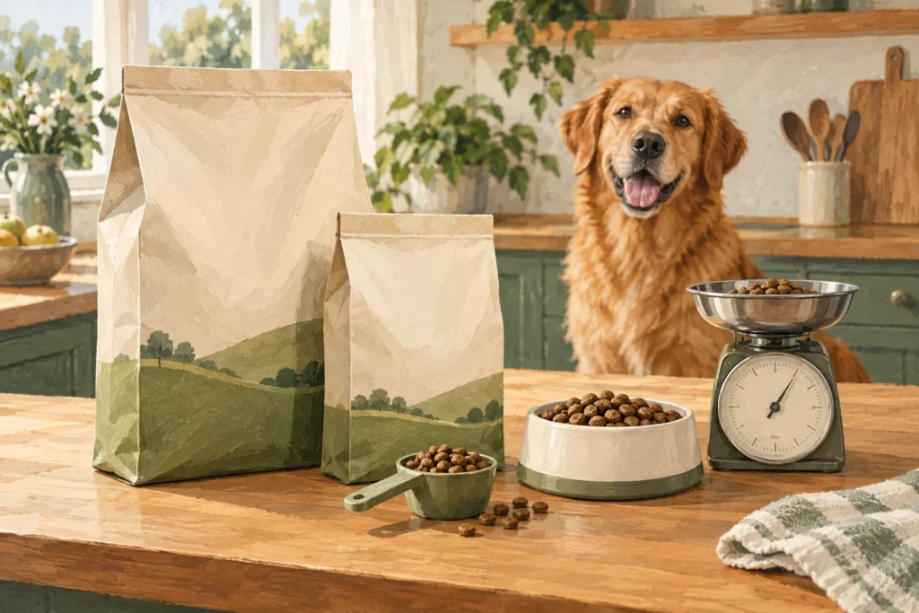 Illustration: Plain unbranded complete-dog-food bags in two pack sizes, a measuring scoop, kitchen scale and small filled bowl on a clean kitchen bench.