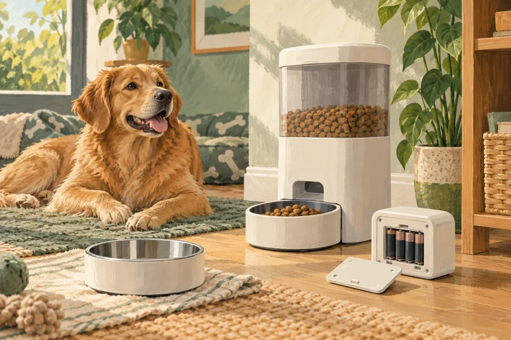 Illustration: A generic automatic dry-food dispenser with a clean removable bowl, a battery compartment concept visible on a separate simple unit, and a dog resting in the same room.