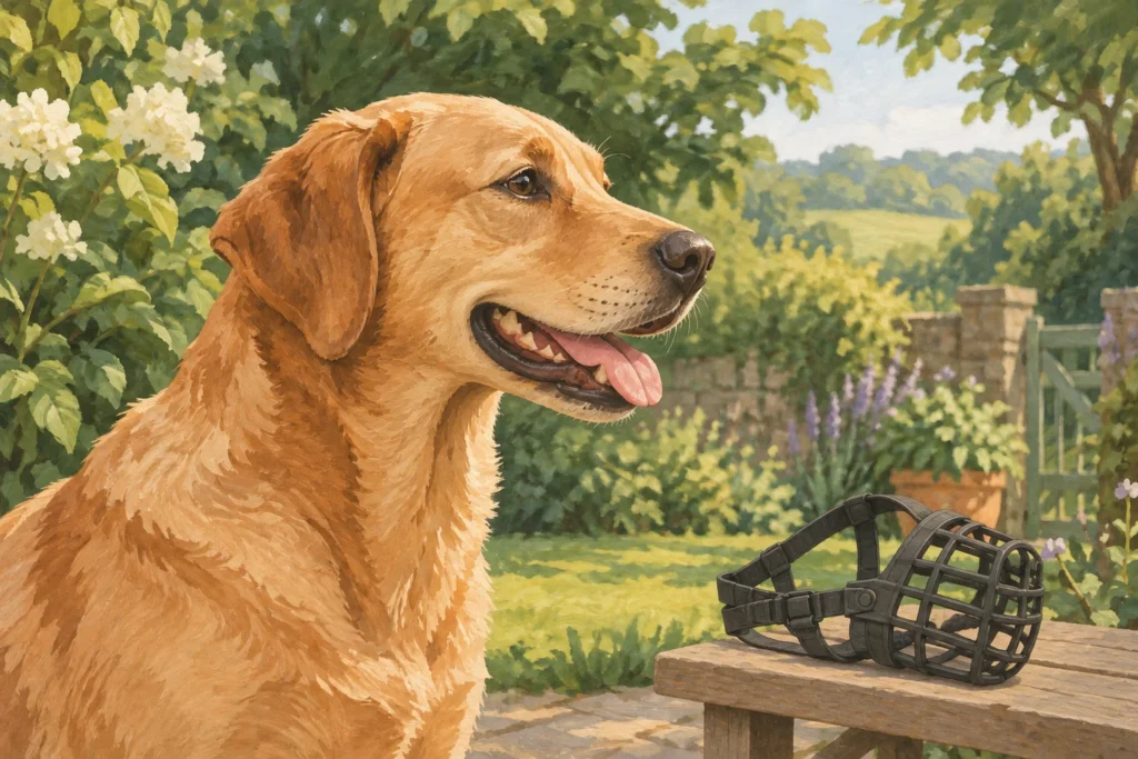Illustration of a relaxed golden dog beside a detached basket muzzle on a garden bench.