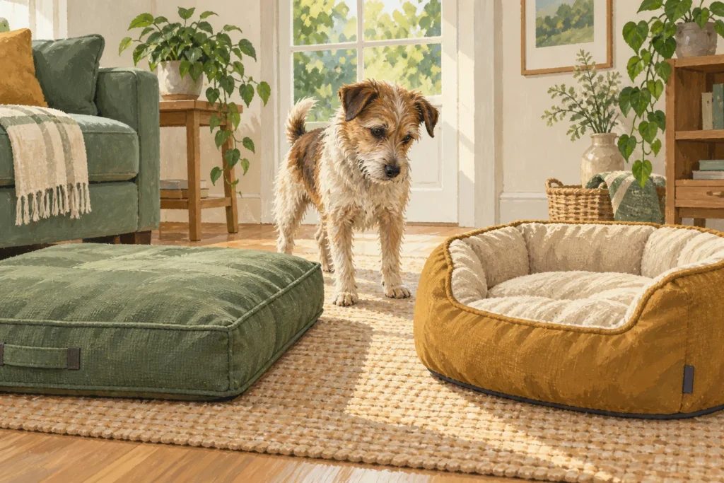 Illustration of a terrier beside a flat cushion and a bolster dog bed.
