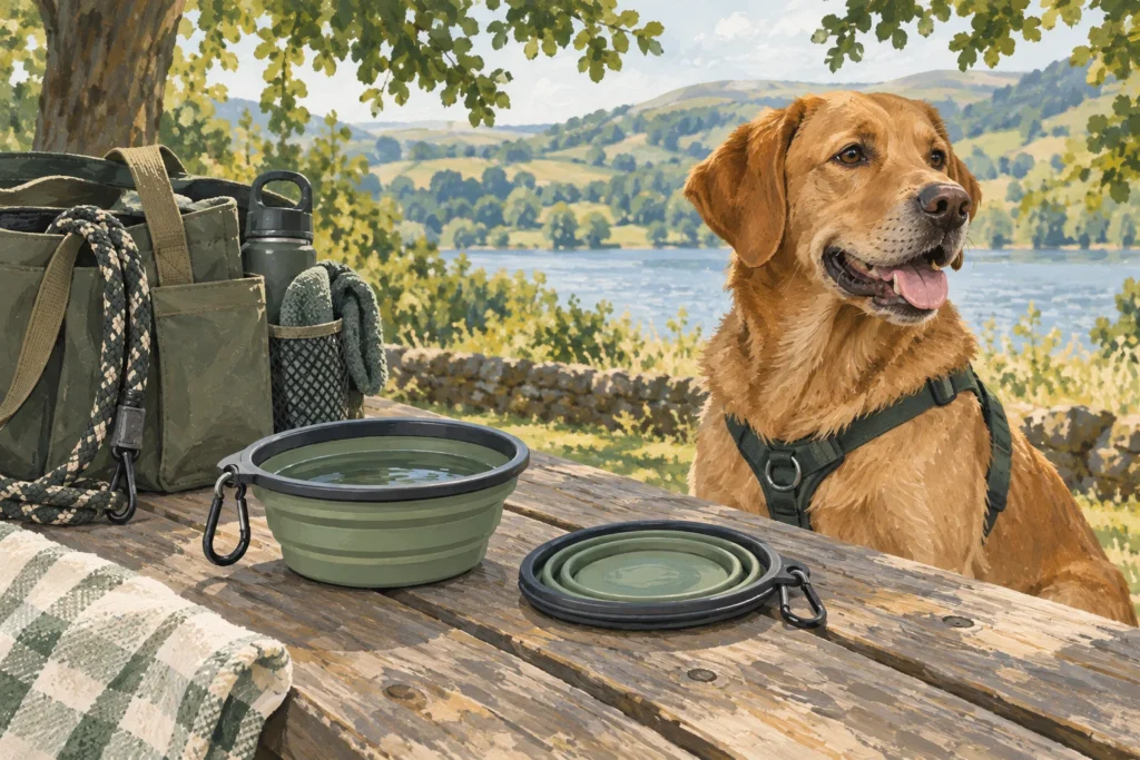 Illustration: Two generic collapsible travel water bowls, one expanded with clean water and the other folded flat, beside a dog walking bag on a shaded picnic table.