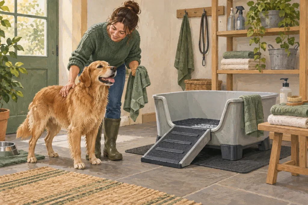 Illustration: A low generic dog-washing tub with a broad stable nonslip base, a short safe entry ramp and folded towels in a utility room.