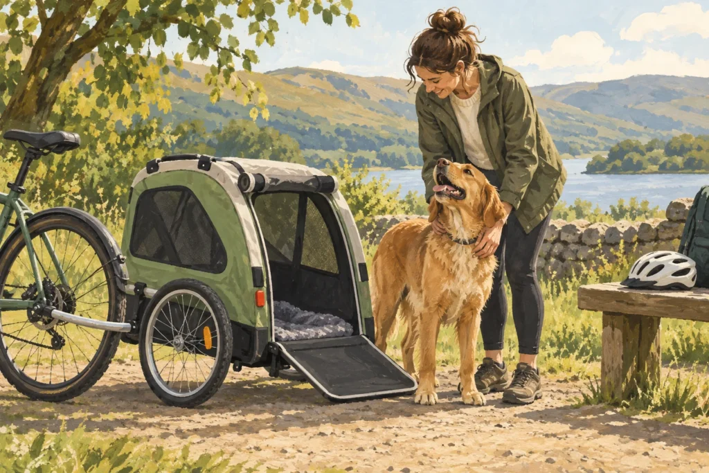Illustration: A roomy generic dog bicycle trailer attached securely to a parked bicycle on level ground, with the dog and owner standing beside its wide low entry.