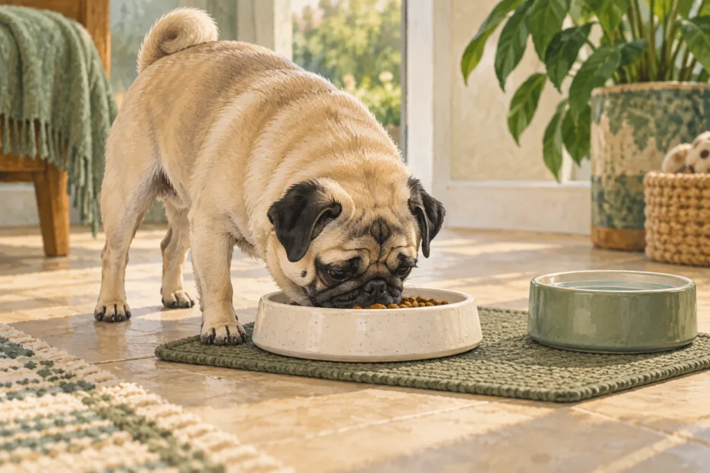 Illustration: A calm pug eating comfortably from a broad shallow bowl on a nonslip mat, with clear room around its muzzle and a separate water bowl.