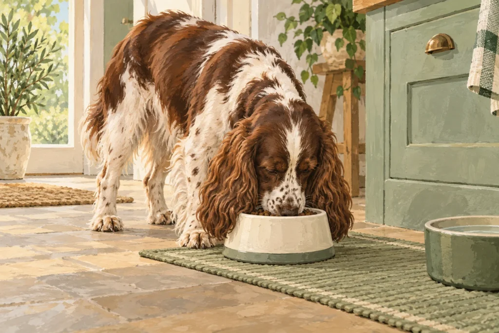 Illustration: A long-eared spaniel comfortably eating from a suitably narrow raised-sided bowl, with both ears falling outside the rim and not in the food.