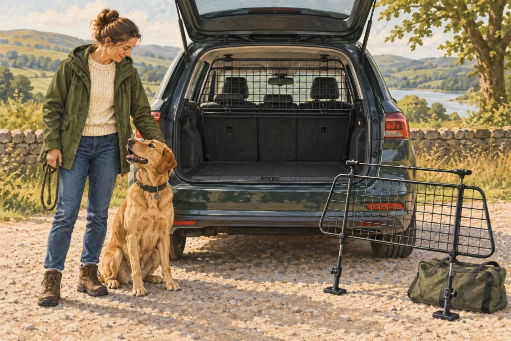 Illustration: A parked estate car with a clearly visible fitted metal dog guard behind the rear seats, next to an uninstalled generic adjustable guard outside the car.