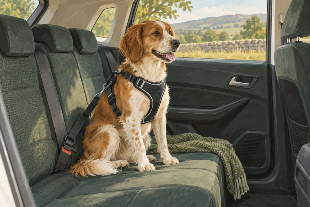 Illustration: A calm medium dog seated on a parked car's rear seat in a generic body harness connected according to an illustrative restraint setup.