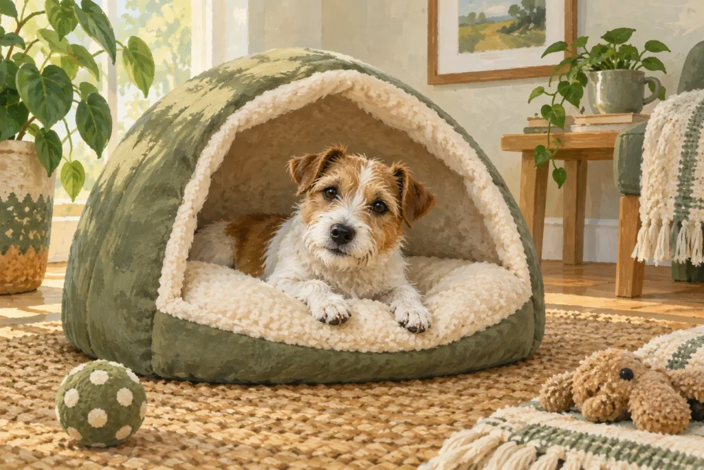 Illustration: A small relaxed terrier peeking from a soft cave-style dog bed with a broad open entrance, easy exit and roomy interior.