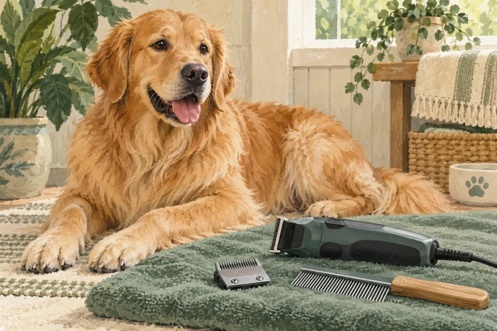 Illustration: A well-groomed thick-coated dog resting calmly near a professional-style generic clipper with a detached blade and grooming comb on a tidy towel.