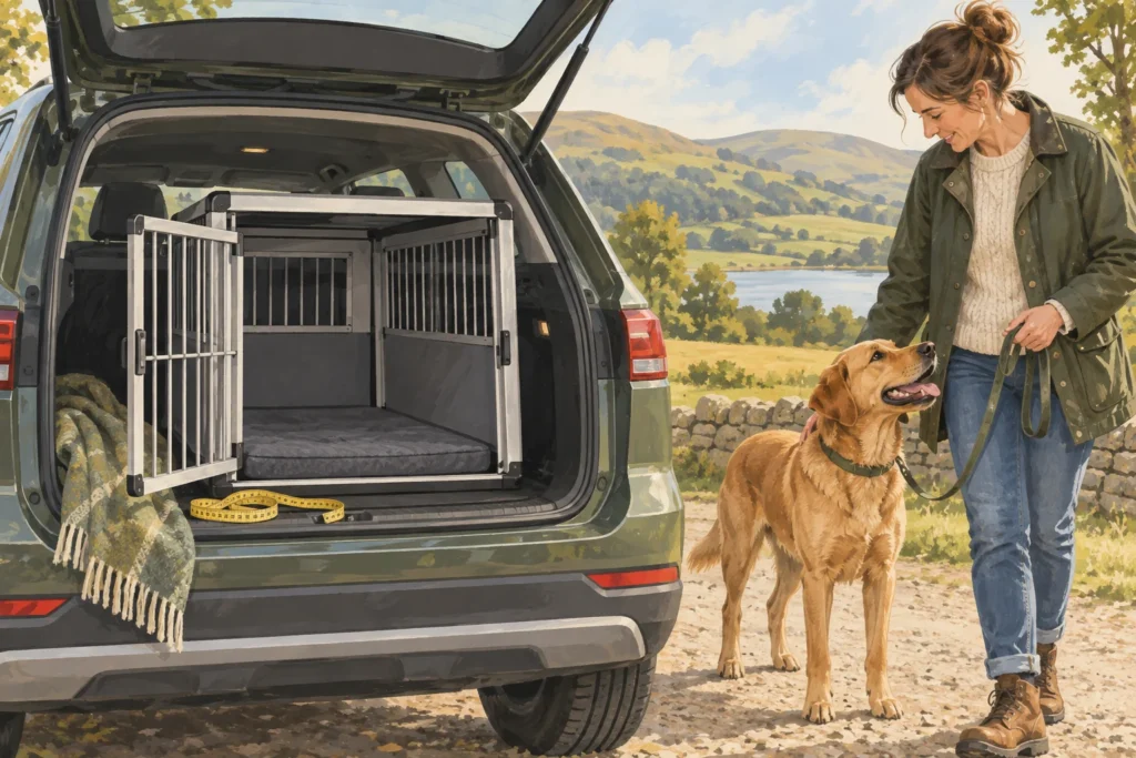 Illustration: An open car boot with a roomy empty travel crate secured inside, a soft measuring tape laid nearby, and the dog standing outside beside its owner.