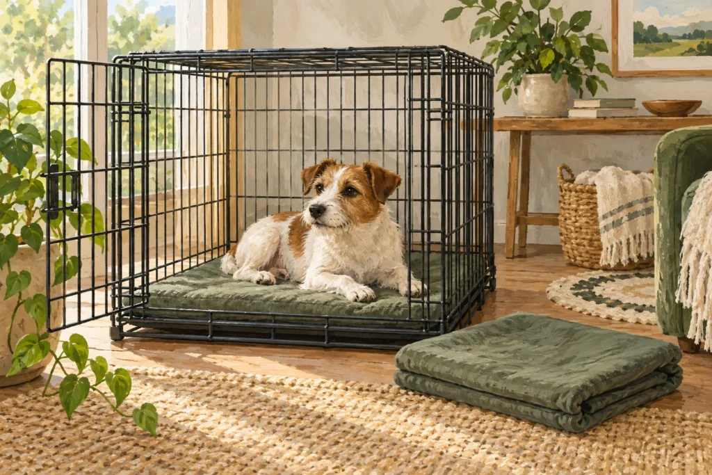 Illustration: A roomy open wire dog crate with a neatly fitted flat washable mat and a calm small dog resting inside.