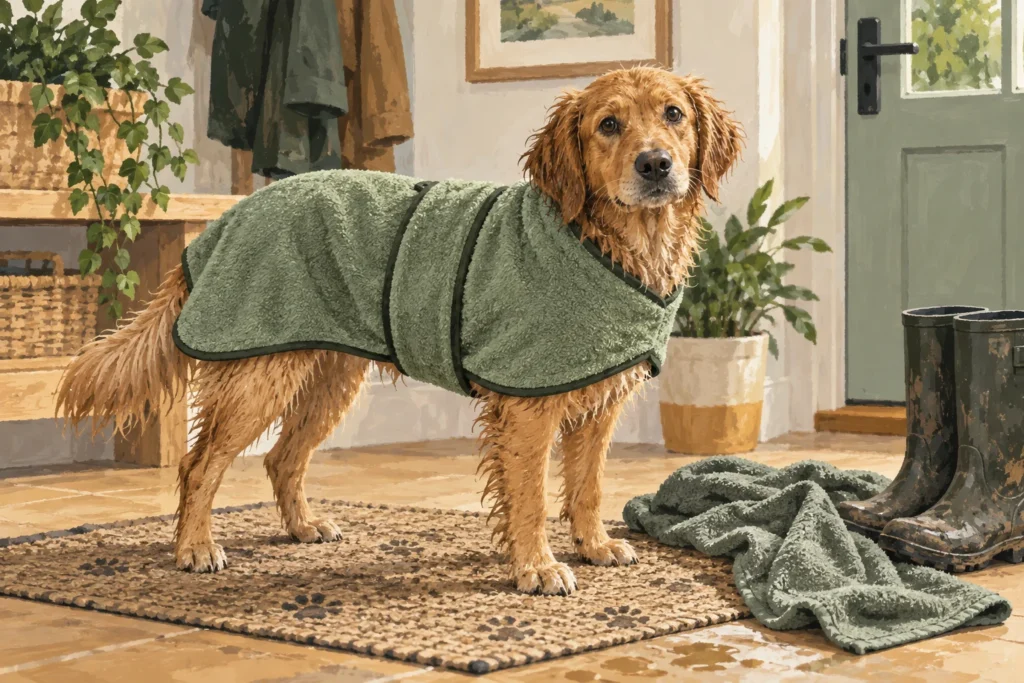 Illustration: A slightly damp dog standing comfortably indoors in a simple absorbent towel coat after a walk, beside a towel and boots on a washable mat.