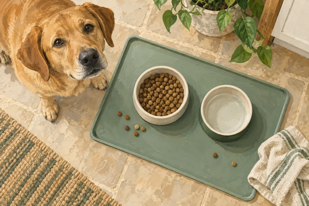Illustration: An overhead view of a broad washable feeding mat with a low raised rim holding two bowls, a few small food crumbs and a clean cloth nearby.