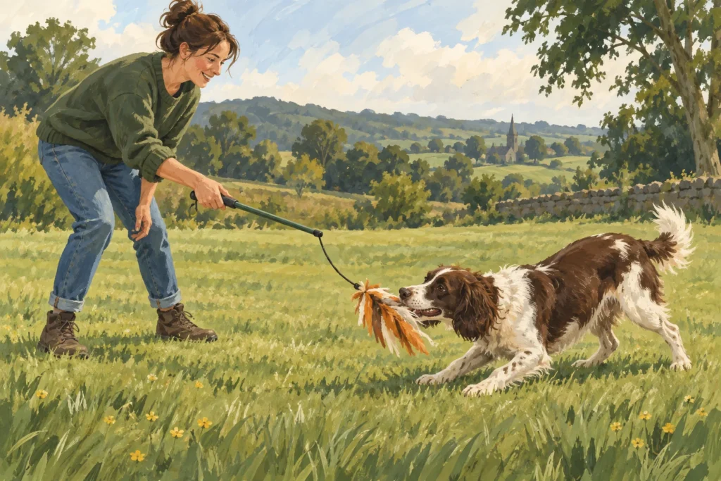 Illustration: An adult holding a short generic flirt pole low over a broad level grassy area while a dog remains grounded and engaged with the soft lure.