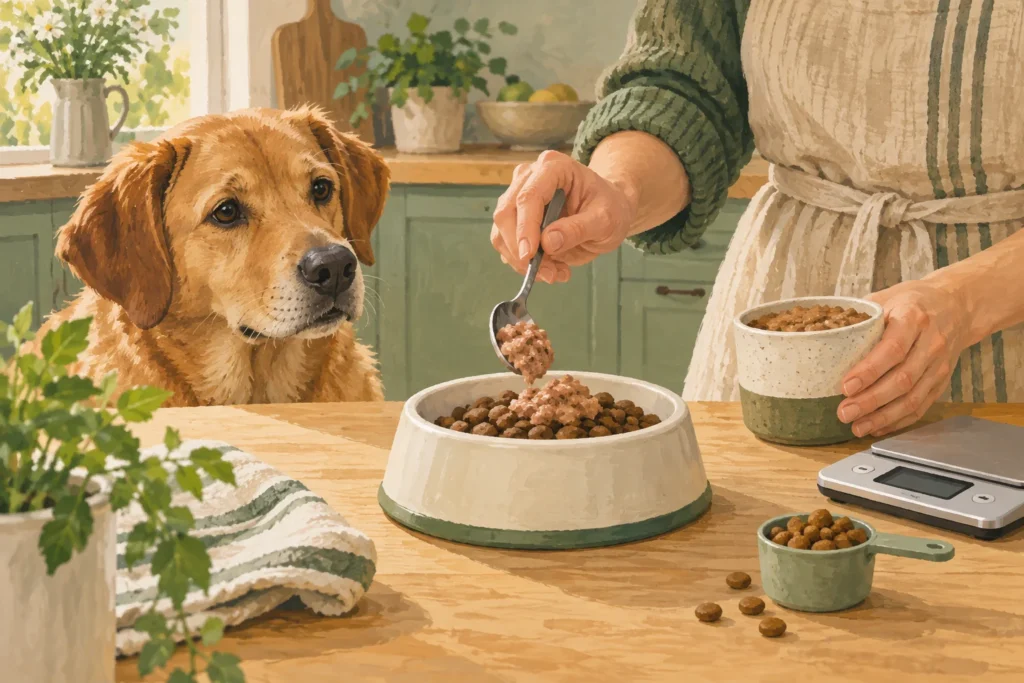 Illustration: A small spoonful of ordinary wet dog food being added to a measured bowl of kibble, with a plain topper container and kitchen scale nearby.