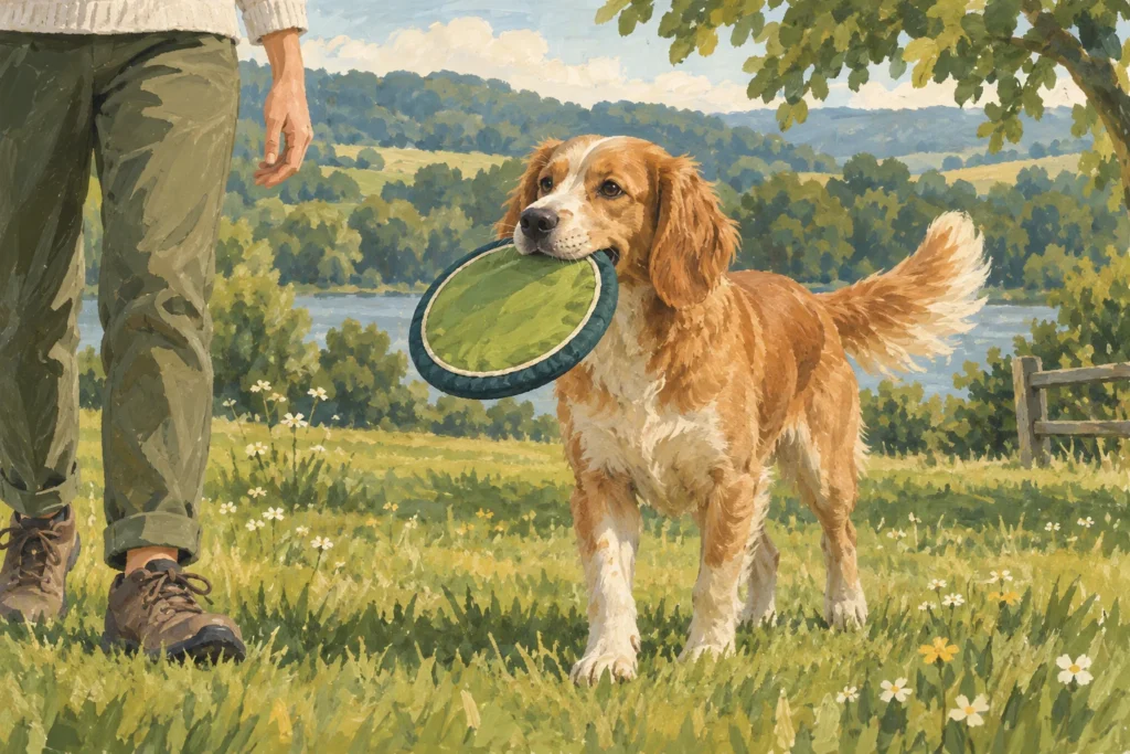 Illustration: A calm adult dog carrying a broad soft fabric flying disc while standing on level grass beside its owner.