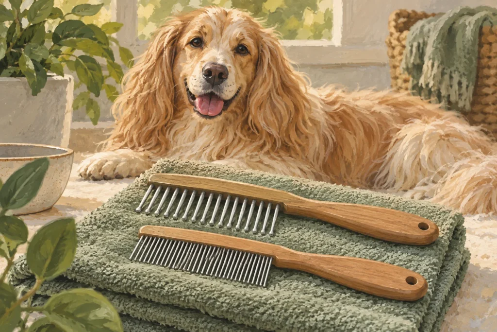 Illustration: A clean close-up of two unbranded dog combs with wide and narrow tooth spacing on a folded grooming towel, with a relaxed long-coated dog behind.