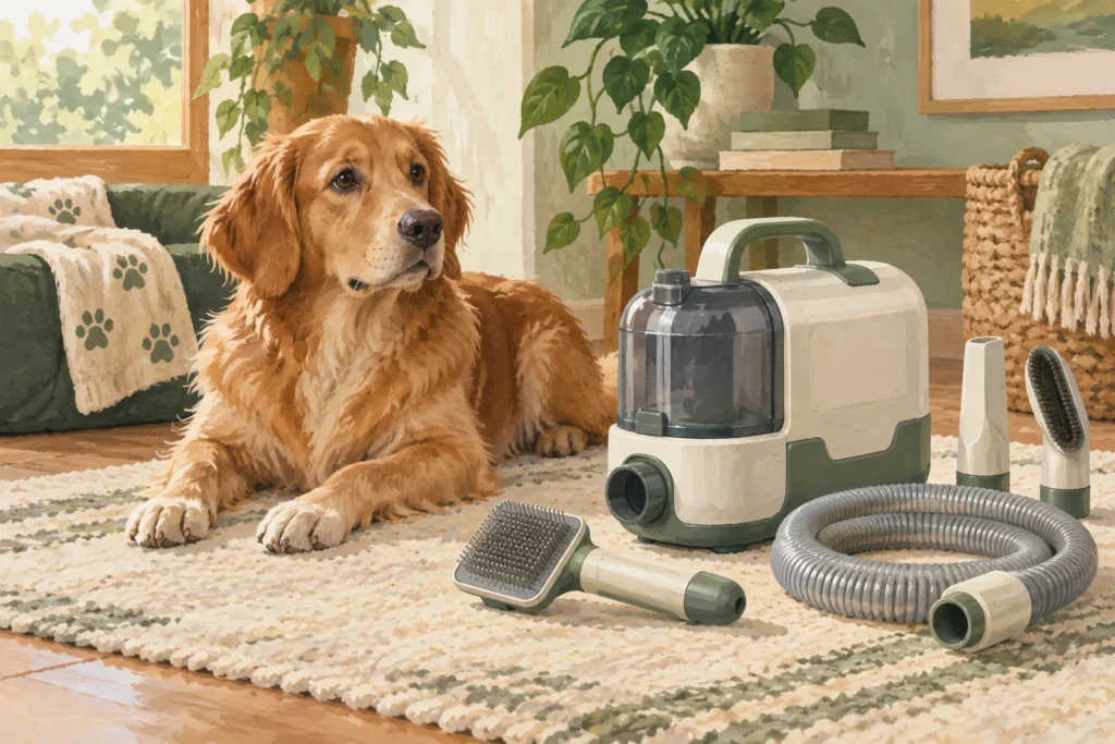 Illustration: A generic dog grooming vacuum unit switched off beside a soft grooming brush attachment and neatly coiled hose, with a calm dog resting at a comfortable distance.