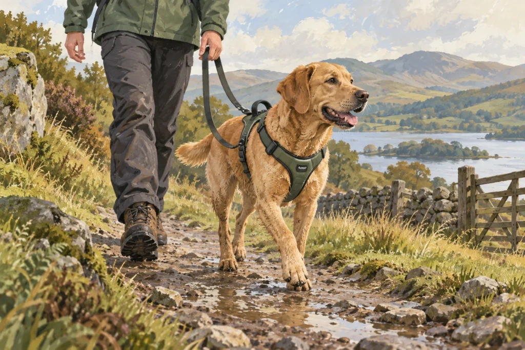 Illustration: A calm dog wearing a generic well-fitted Y-front hiking harness with a handle, walking beside its owner on a gentle countryside trail.