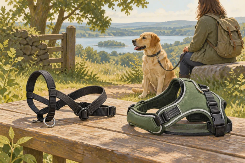 Illustration: A generic dog headcollar and a regular body harness laid separately on a bench, with a calm dog beside its owner in the background.