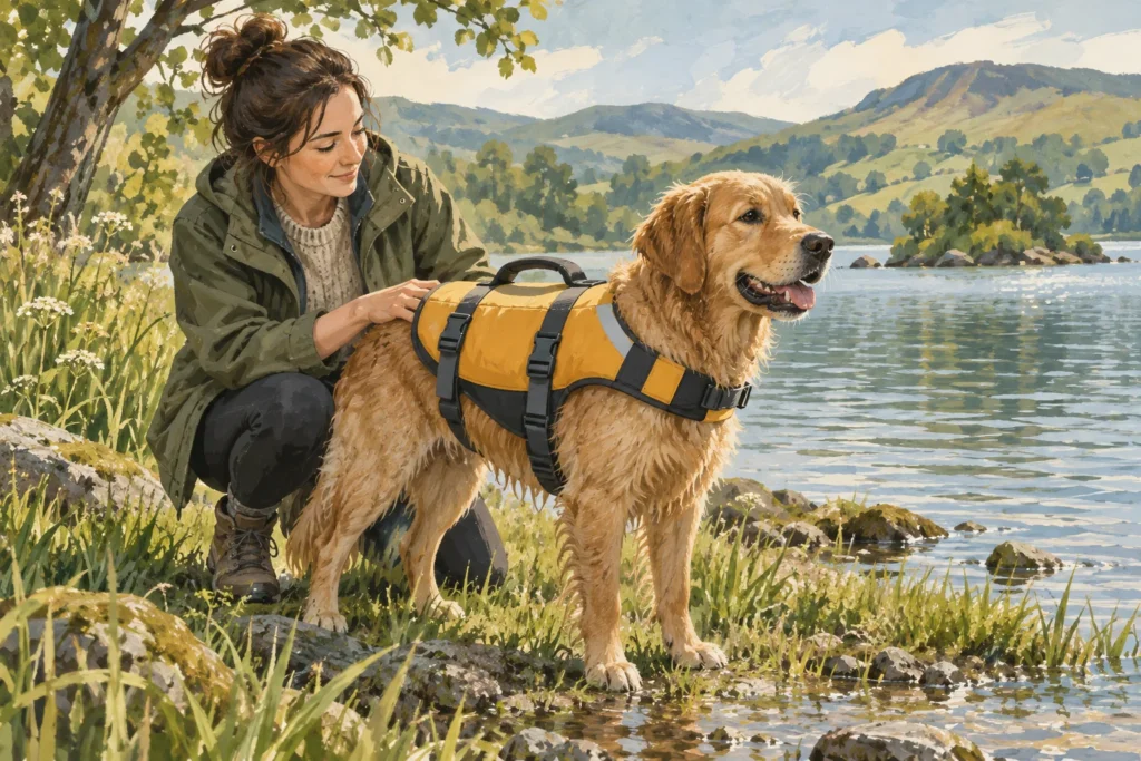 Illustration: A calm dog wearing a generic well-fitted buoyancy jacket while standing on a shallow grassy lakeside bank with its owner.