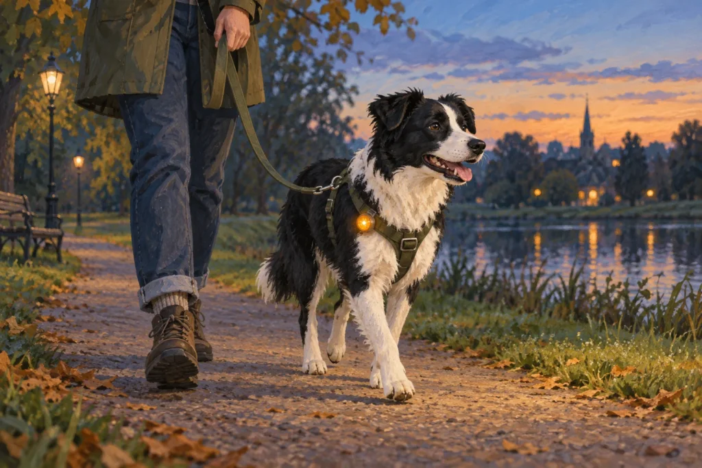 Illustration of a dog wearing a small harness light on a dusk walk.