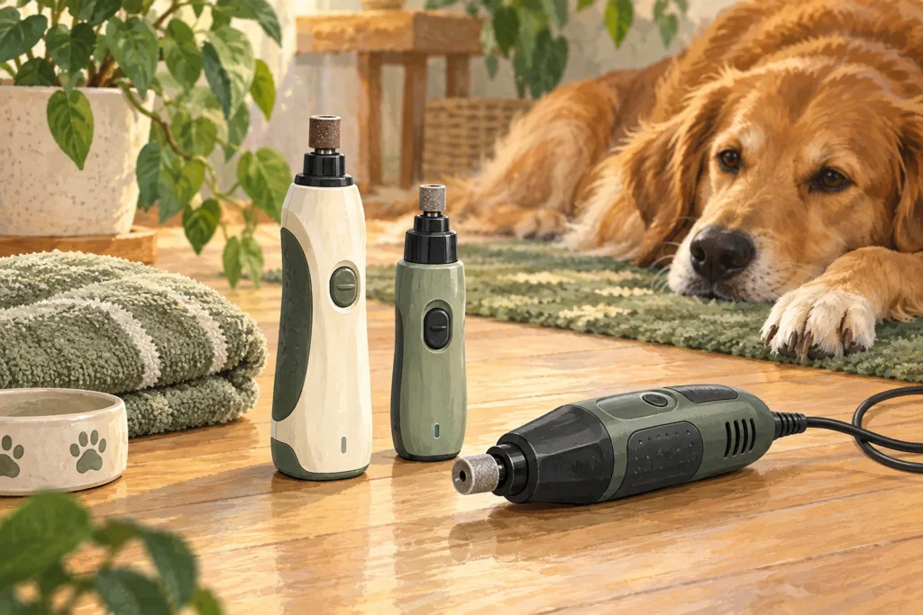 Illustration: Two generic cordless dog nail grinders and a mains-powered model neatly arranged beside a folded towel and a resting dog's paw in the distance.