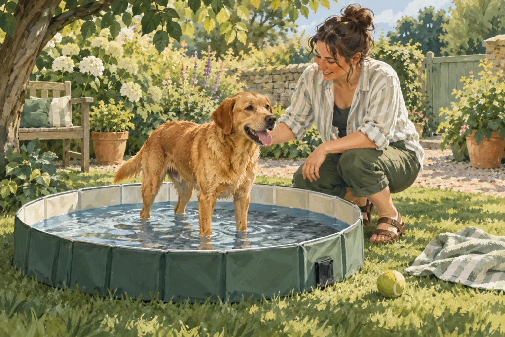 Illustration: A dog standing calmly in very shallow water in a low-sided foldable paddling pool in a shaded garden, with an owner immediately beside it.