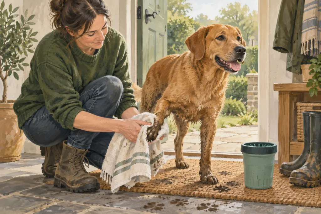 Illustration: An adult owner gently drying a muddy dog's paw with a clean towel on an entrance mat, with a simple paw-washing cup and boots nearby.