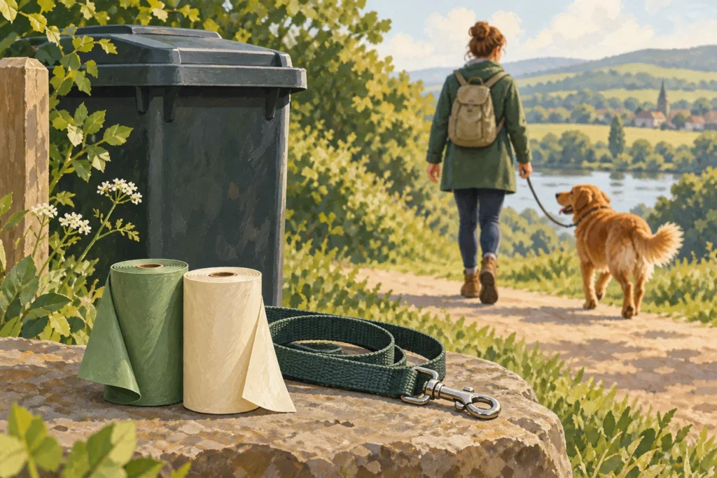 Illustration: Two plain rolls of dog-waste bags beside a closed outdoor general-waste bin and a clean walking lead, with an owner and dog passing in the background.