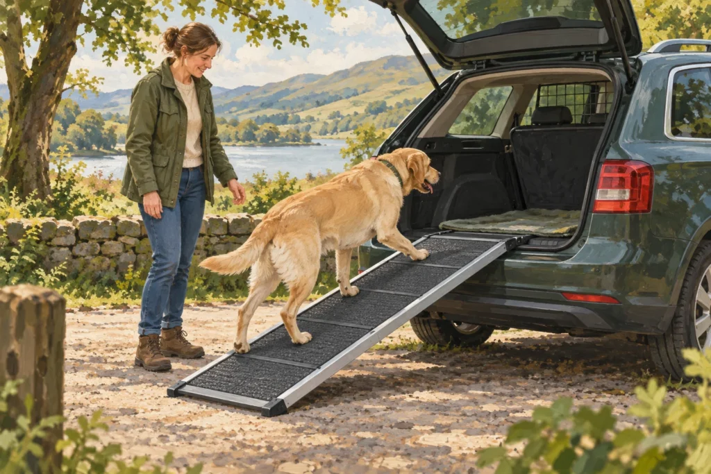 Illustration: A calm adult Labrador approaching a wide gently sloped nonslip ramp into the open boot of a parked estate car while an owner stands alongside.