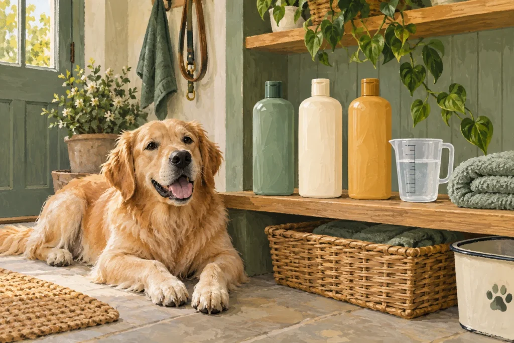 Illustration: Three plain unbranded dog-shampoo bottles, a measuring jug and a folded towel on a utility-room shelf, with a clean dog resting nearby.