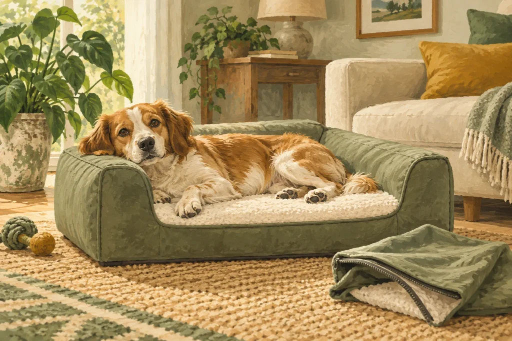 Illustration of a dog resting on a sofa-style bed with a removable cover nearby.