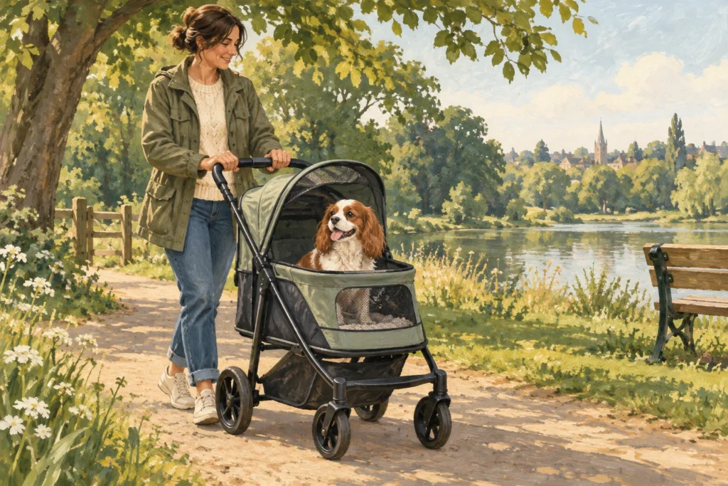 Illustration: A small relaxed dog sitting comfortably in a roomy open dog stroller on a quiet park path, next to its adult owner.