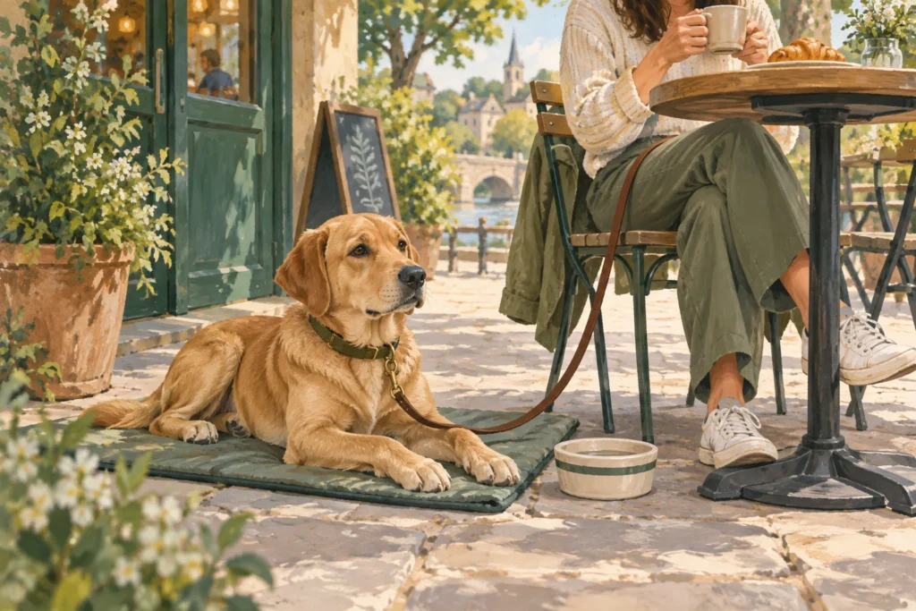 Illustration: A calm dog settled on a simple rollable mat beside its owner at an uncrowded outdoor cafe table, away from the walkway.