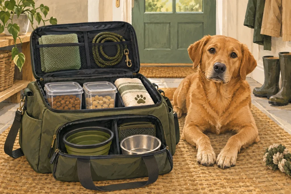 Illustration: An open organised dog travel bag with separate clean food containers, bowls, a towel and a folded lead, beside a calm dog in a hallway.