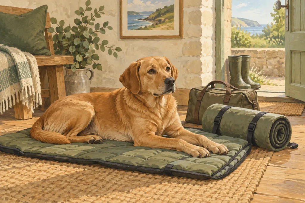 Illustration: A dog relaxing on a simple roll-up travel mat in a quiet holiday-cottage corner, with a rolled spare mat and a small travel bag beside it.
