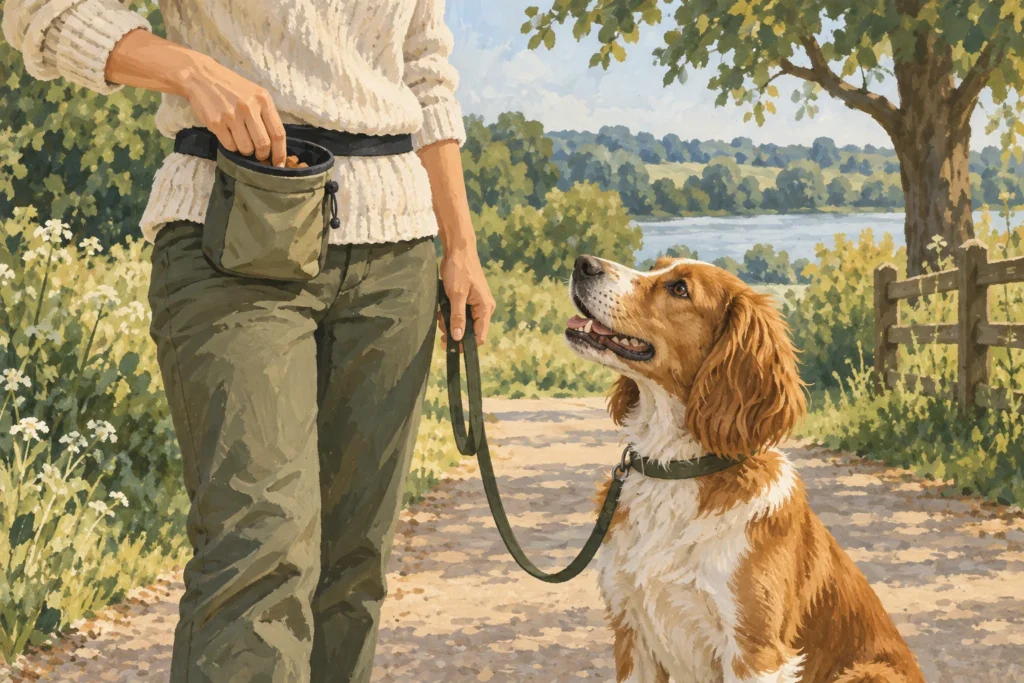 Illustration: An adult owner reaching easily into a simple washable treat pouch attached to their waist while a calm dog looks up on a quiet park path.
