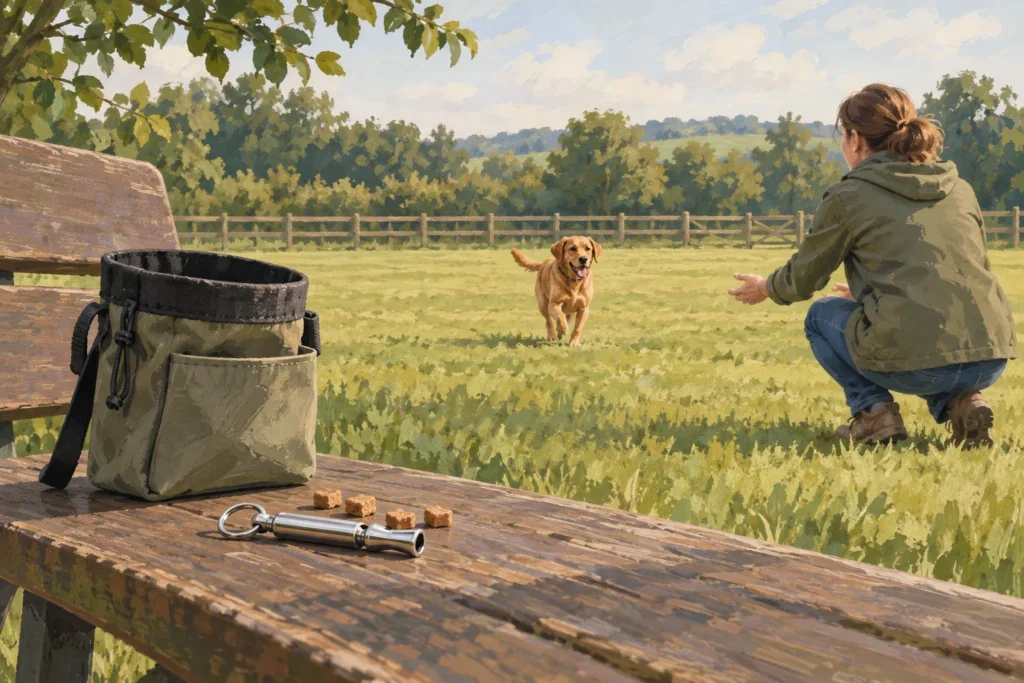 Illustration: A simple unbranded dog whistle and a plain training treat pouch on a park bench, with an owner and calm dog practising at a generous distance in an enclosed field.