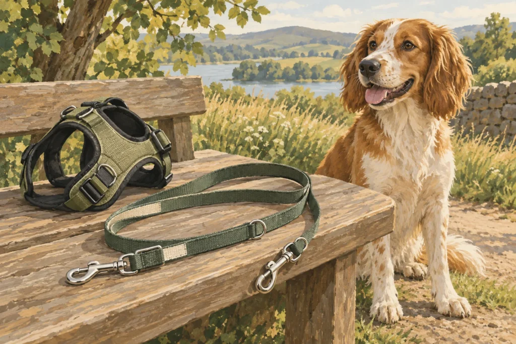 Illustration: A generic double-ended dog lead laid in a loose loop on a wooden bench, showing two distinct clips, beside a well-fitted walking harness.