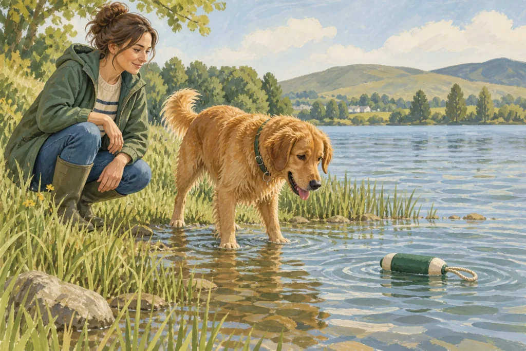 Illustration: A dog standing on a shallow grassy lakeside bank with its owner beside it, looking towards a soft floating toy just at the water's edge.