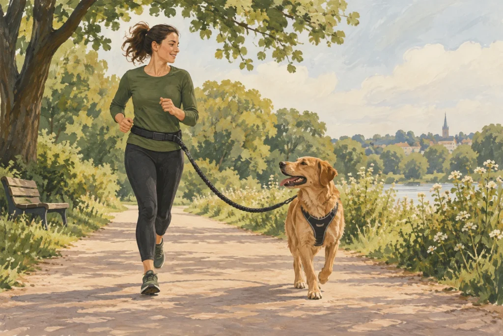 Illustration: An adult jogging slowly with a relaxed dog on a wide level park path, a generic hands-free lead attached to a proper waist belt and the dog's body harness.