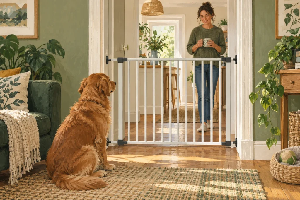 Illustration: A sturdy generic dog safety gate securely fitted across a broad indoor doorway, with a comfortable dog sitting on one side and its owner visible on the other.