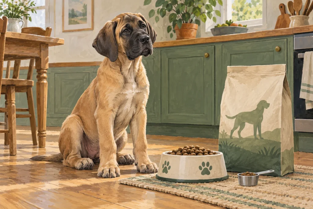 Illustration: A large-breed puppy waiting calmly near a measured food bowl and a plain puppy-food bag in a tidy kitchen.